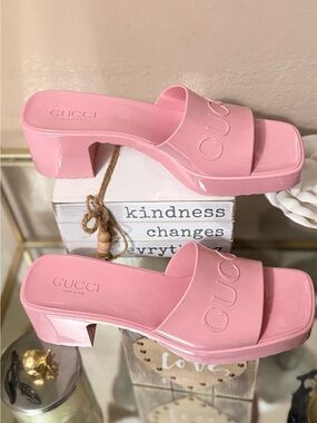 Gucci Pink Block Heel Slide Mules
